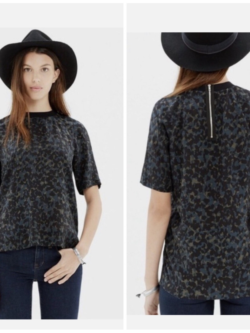 Madewell Medium Silk Front Row Tee in Ink Spot Leopard Blouse Top Shirt - Picture 2 of 13